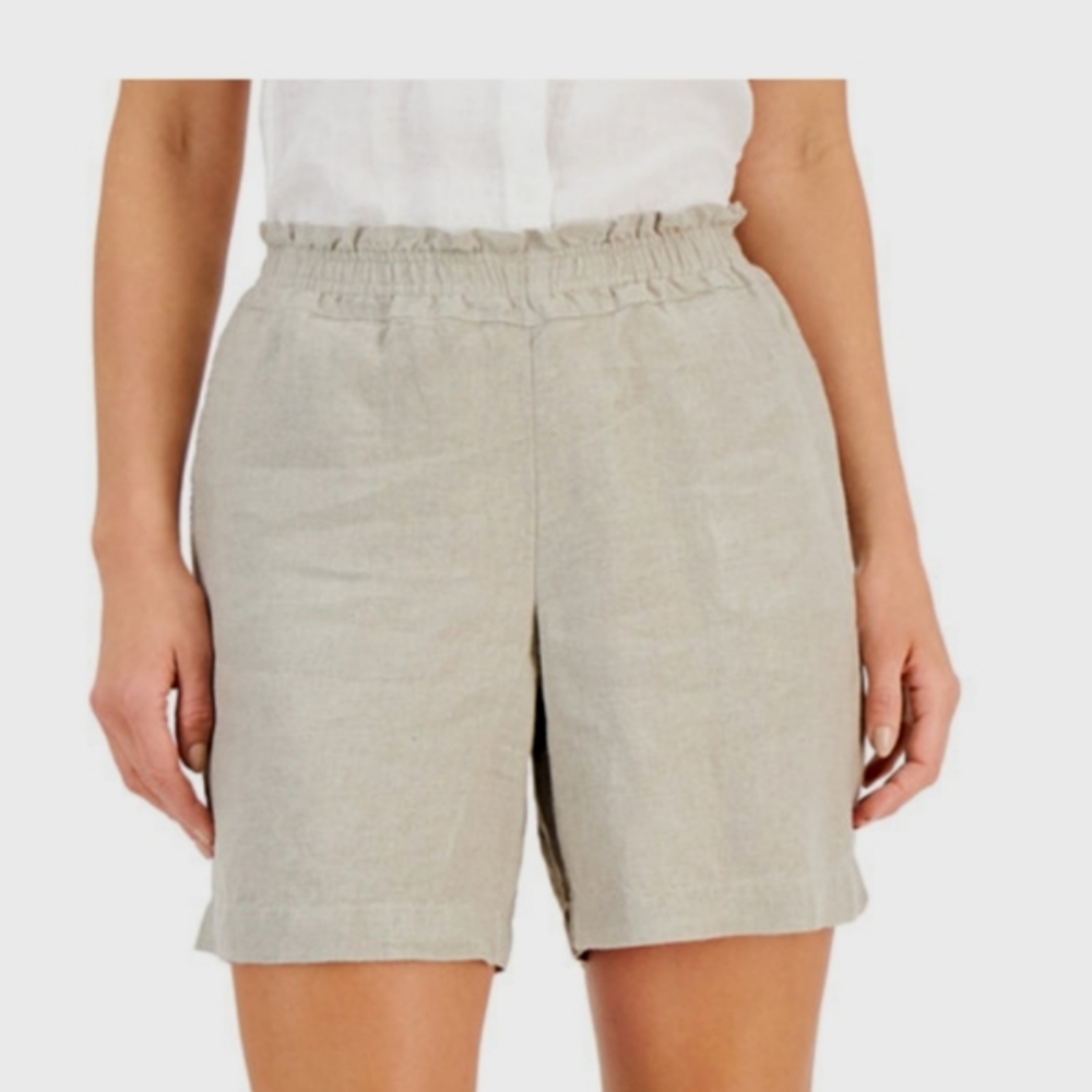 Tan linen elastic waist shorts,New